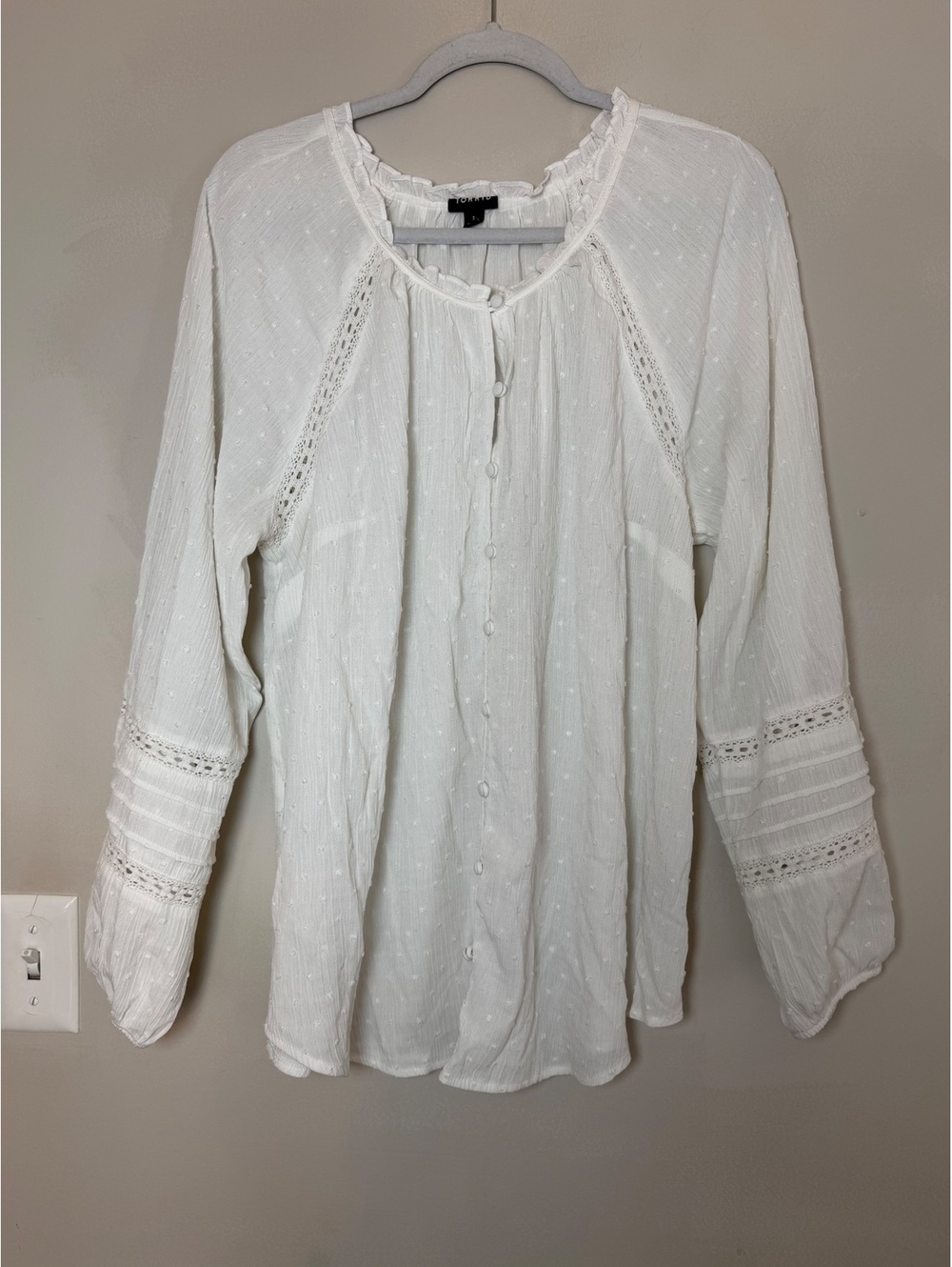 Torrid White Button-Up Blouse with Lace Details, Size 1(1X)